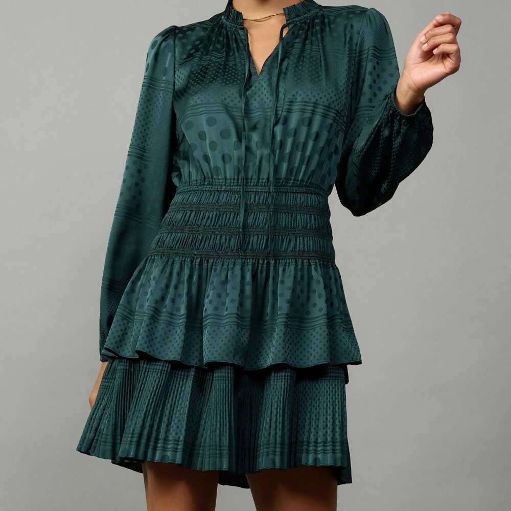 Current Air | Anthropologie | Dot Jacquard Mini Dress | Hunter Green | Small